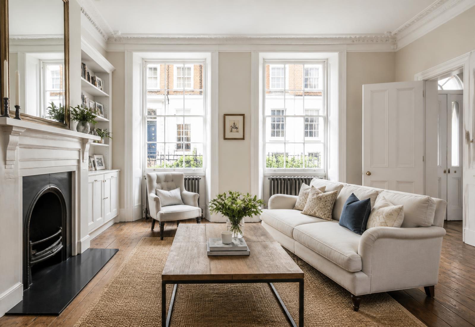 A bright period living room prepared for a property listing